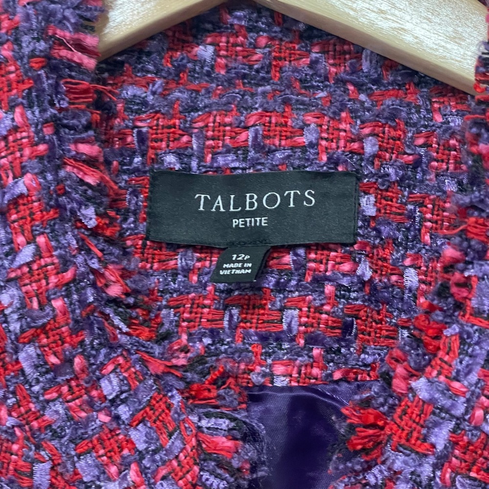 Talbots Petite Red Purple Tweed Jacket Gold Crest Button Frayed Trim Blazer 12P - Picture 5 of 7
